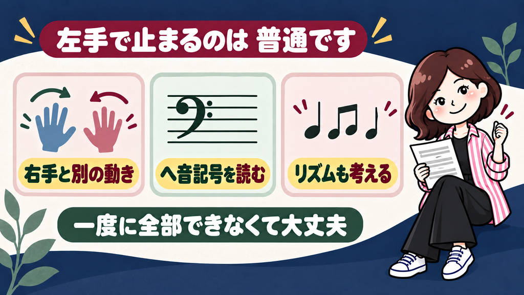 左手伴奏が難しい理由を示す図解。右手と別の動き、ヘ音記号、リズムの3つ。