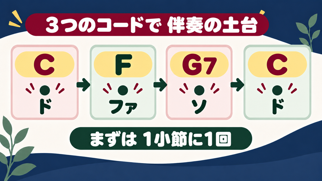 C、F、G7、Cの根音を1小節に1回弾く練習の流れ。