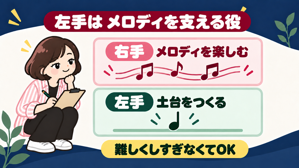 右手はメロディを楽しみ、左手は曲の土台をつくる役割を示す図解。