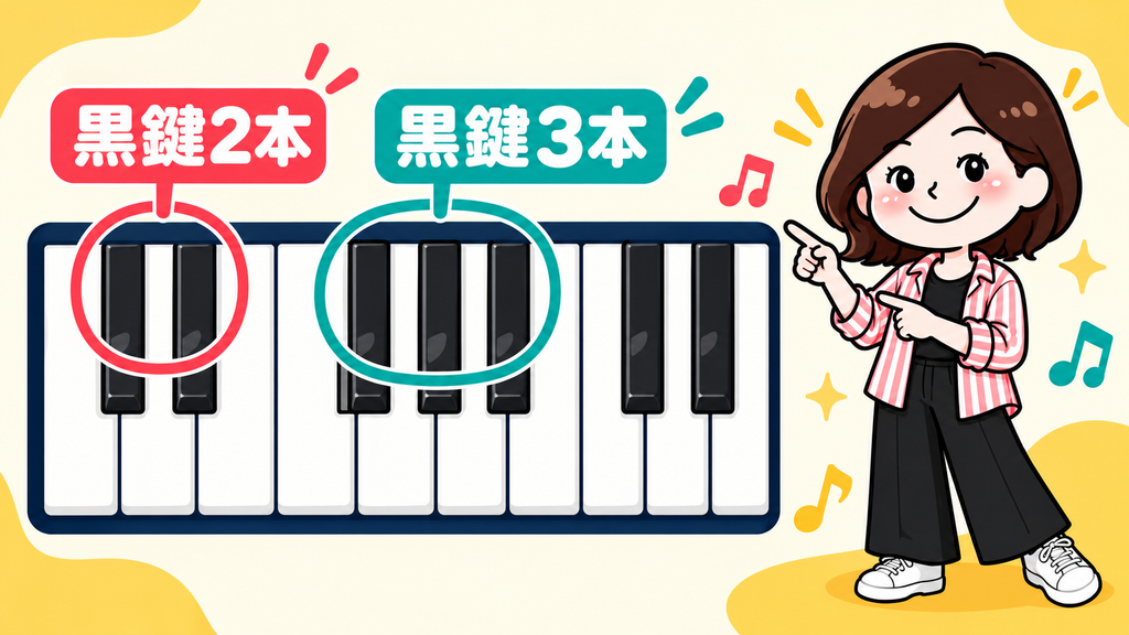 黒鍵が2本と3本のまとまりでくり返されるピアノ鍵盤と、場所を示すこぱんのイラスト
