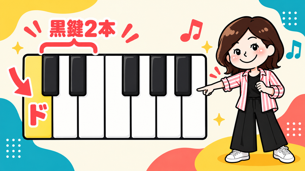 黒鍵2本組のすぐ左にある白鍵がドだと示す、正しい鍵盤配置のこぱんイラスト