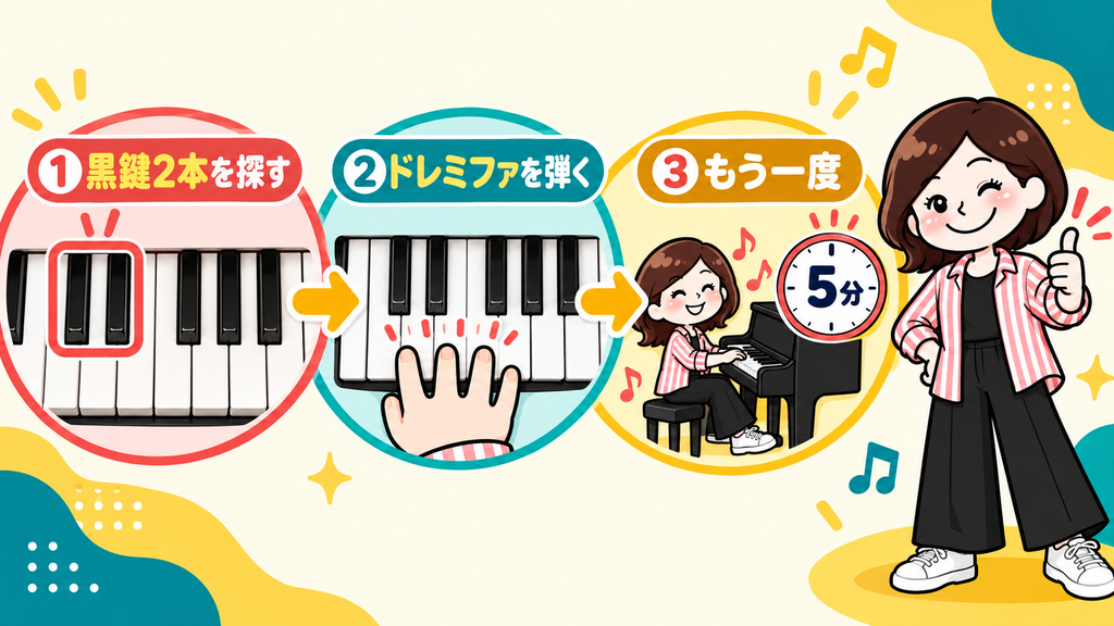 黒鍵2本を探し、ドレミファをゆっくり弾いて、5分だけくり返す練習イラスト