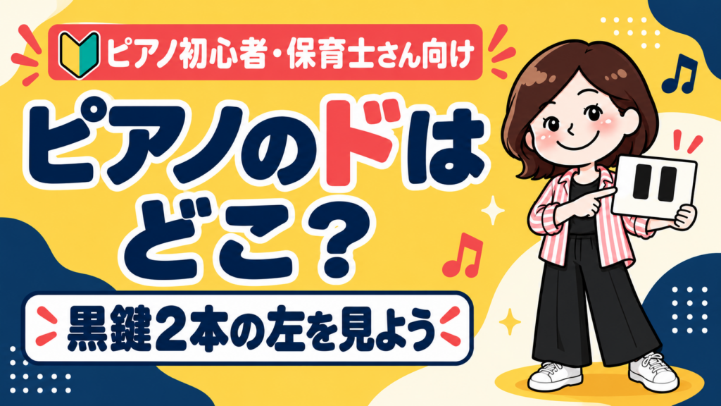 ピアノのドはどこ？黒鍵2本の左を示す3頭身こぱんのアイキャッチ