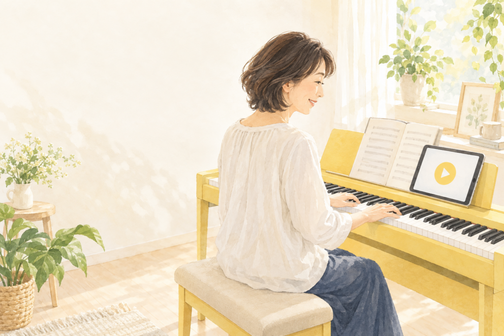 大人の女性が黄色い電子ピアノで動画を見ながら練習している様子