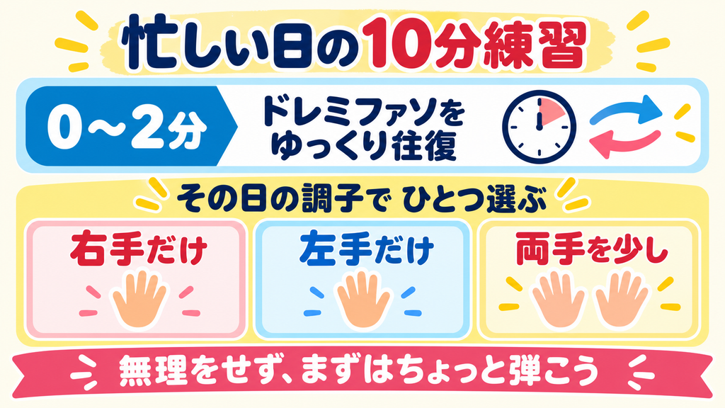 大人ピアノ初心者向け、0〜2分にドレミファソを往復し、その日の調子で右手・左手・両手から選ぶ10分練習図解