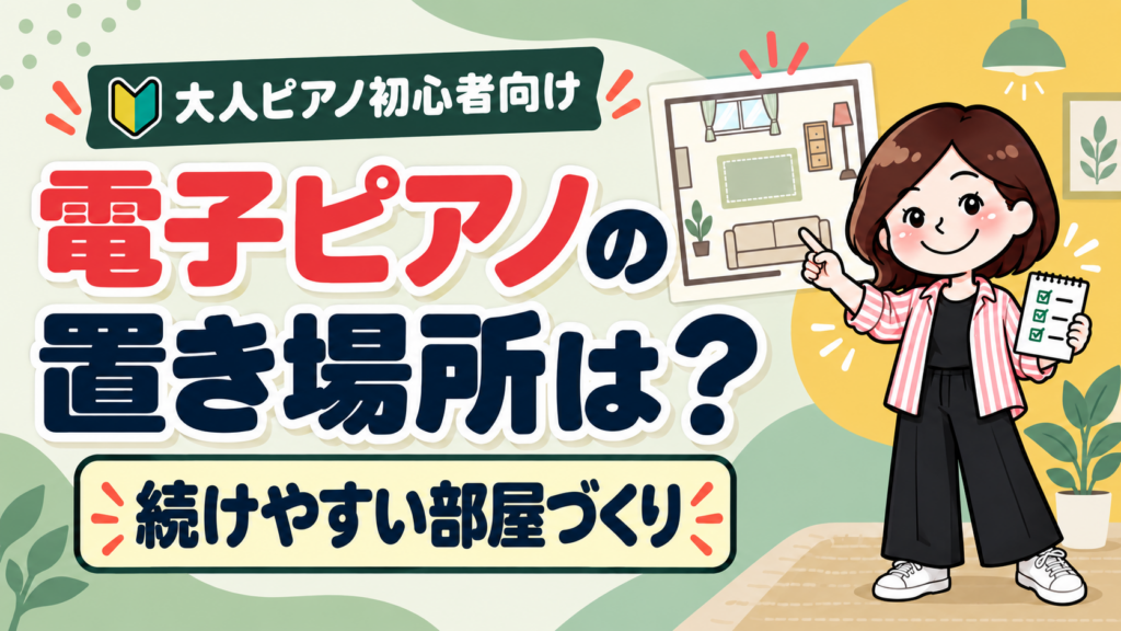 電子ピアノの置き場所と続けやすい部屋づくりを示す3頭身こぱんのアイキャッチ