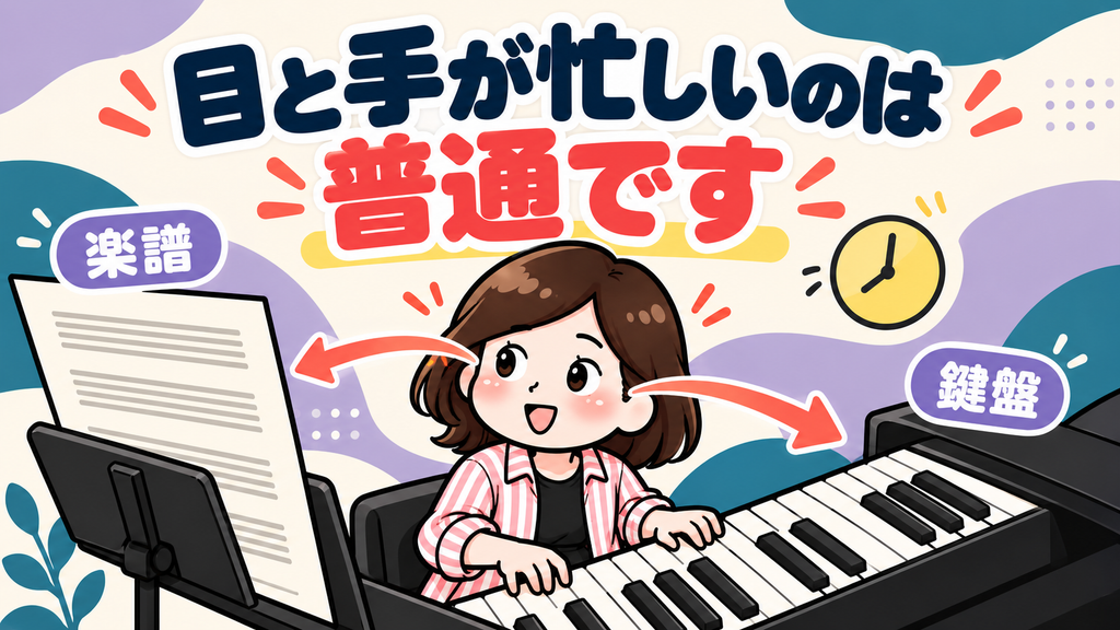 楽譜と鍵盤を行き来して目と手が忙しくなる初心者さんを示す、こぱんのイラスト