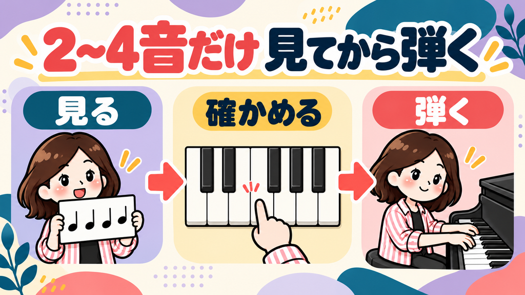 楽譜を見て、正しい鍵盤配置を確かめ、短いまとまりを弾く流れを示すこぱんの図解