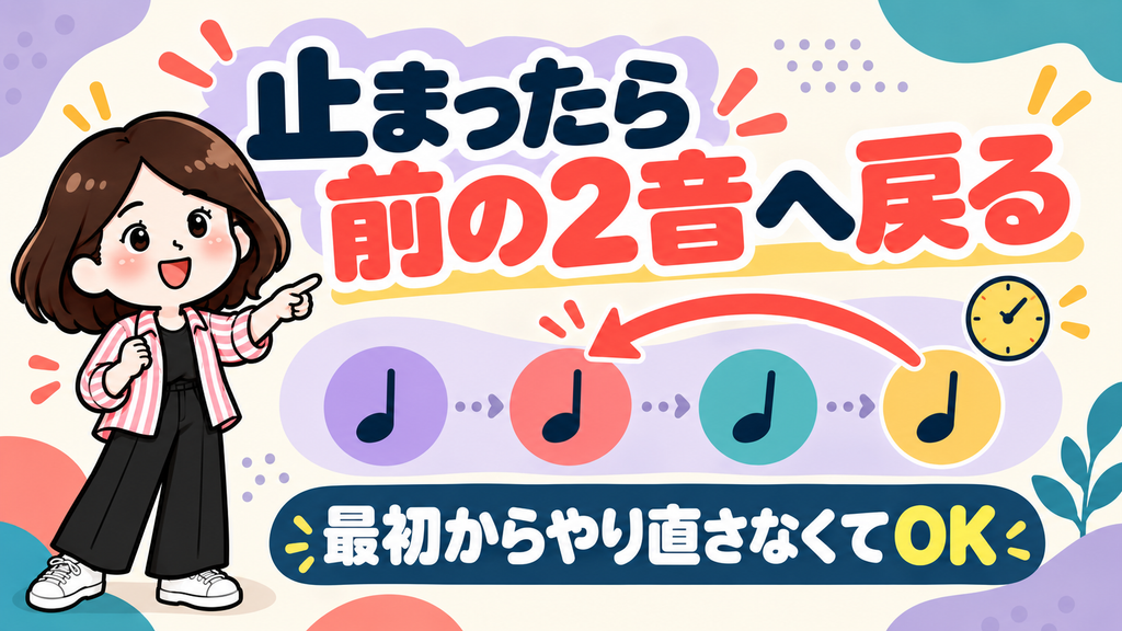 演奏が止まったら前の2音へ戻り、最初からやり直さなくてよいことを示すこぱんの図解