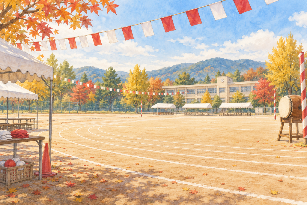 水彩タッチの秋の運動会の風景。赤や黄色の旗が並ぶ校庭を描いたイメージ