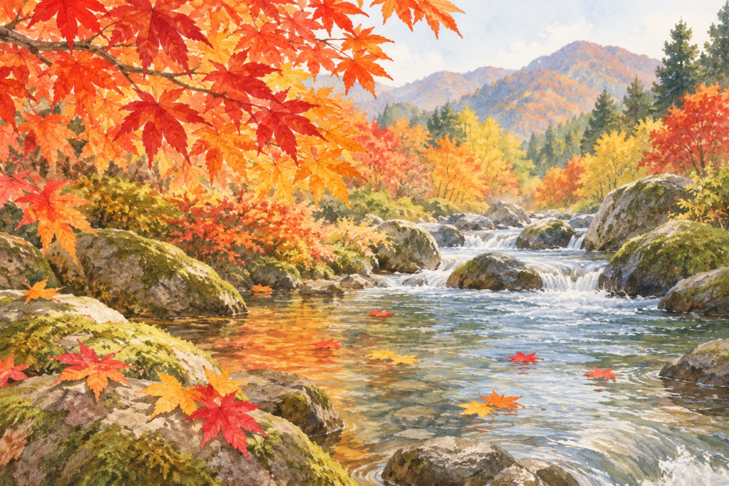 水彩タッチで描いた紅葉の小川と赤や黄色のもみじ。秋の唱歌「もみじ」のイメージ