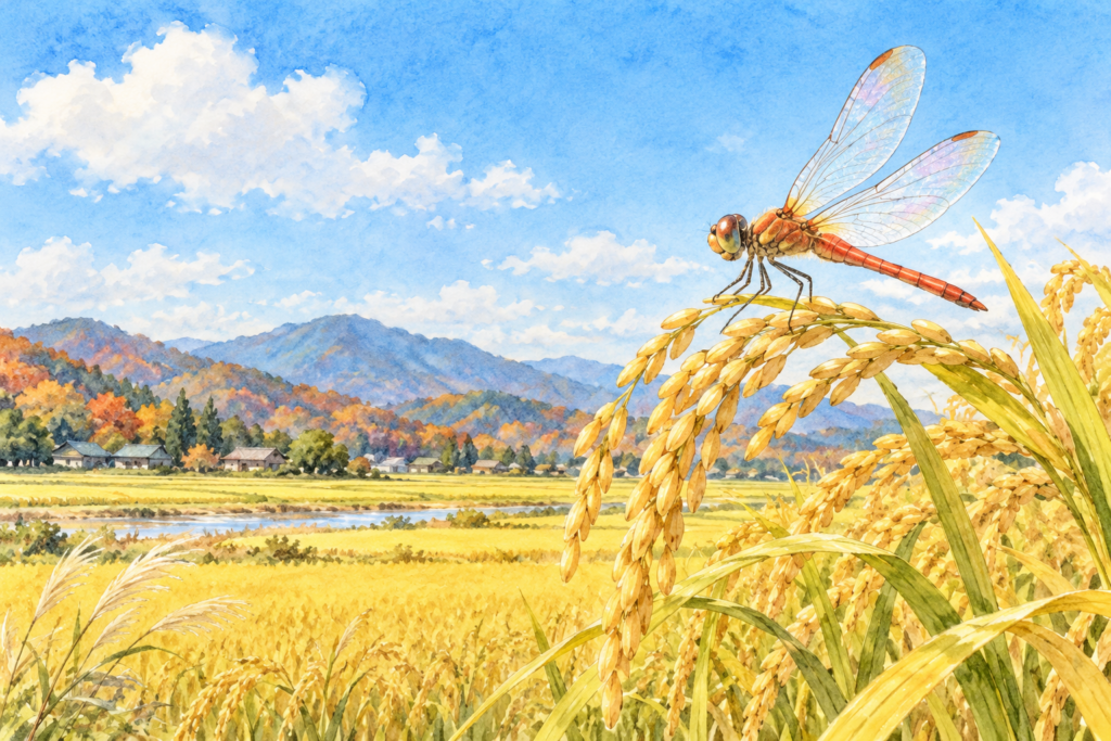 秋空を飛ぶとんぼと田んぼの風景を描いた水彩画。童謡「とんぼのめがね」のイメージ