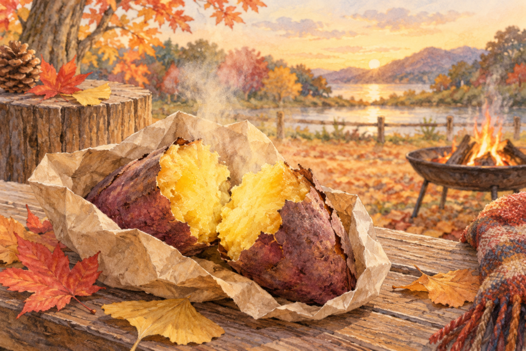 落ち葉のそばに置かれた焼きいもを描いた水彩画。童謡「やきいもグーチーパー」のイメージ