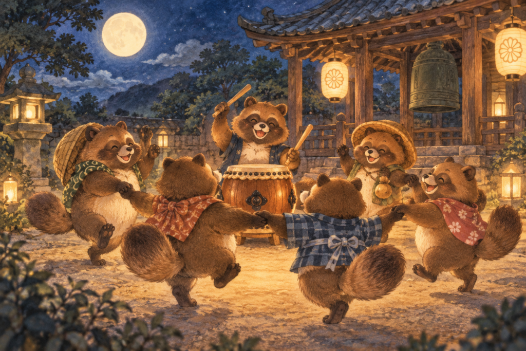 月明かりの下で太鼓を囲み踊るたぬきたちを描いた水彩画。童謡「証城寺のたぬきばやし」のイメージ