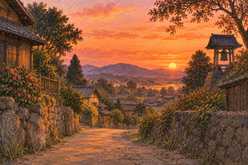 夕焼けに染まる日本の町並みを描いた水彩画。童謡「夕焼け小焼け」のイメージ