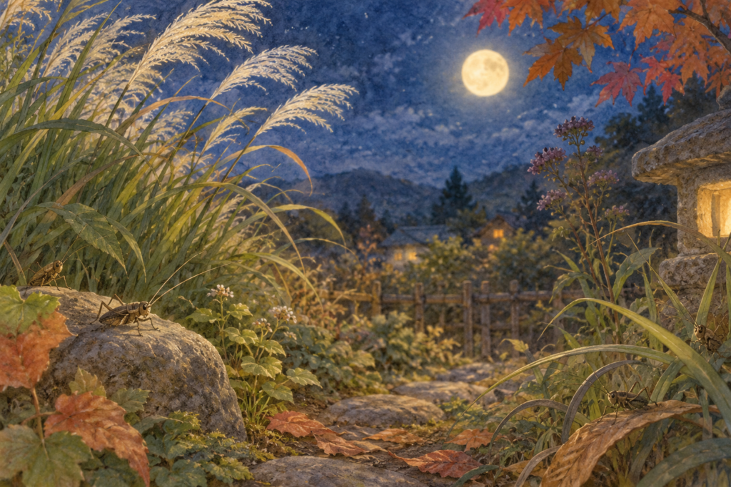 月夜の草むらで鳴く秋の虫たちを描いた水彩画。童謡「虫のこえ」のイメージ