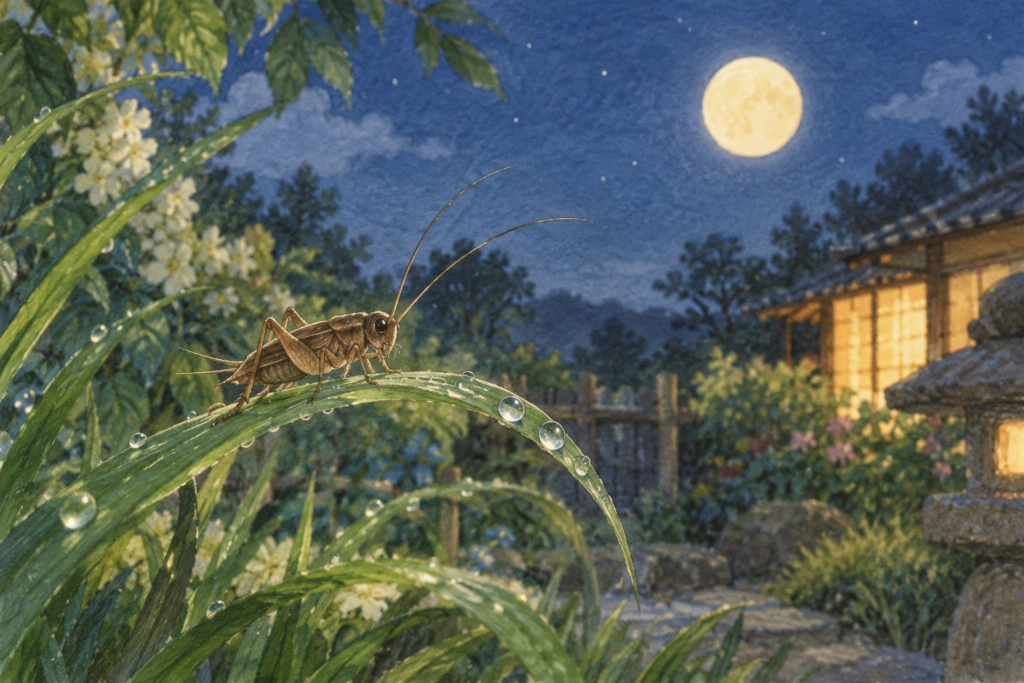 夜露の草の上にいるこおろぎを描いた水彩画。秋の童謡「こおろぎ」のイメージ