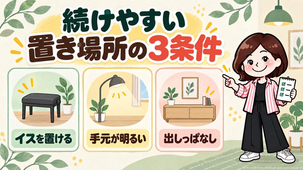 電子ピアノを続けやすい場所の3条件を示す図解
