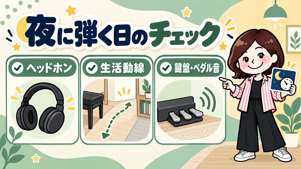 夜に電子ピアノを弾く前の確認ポイントを示す図解