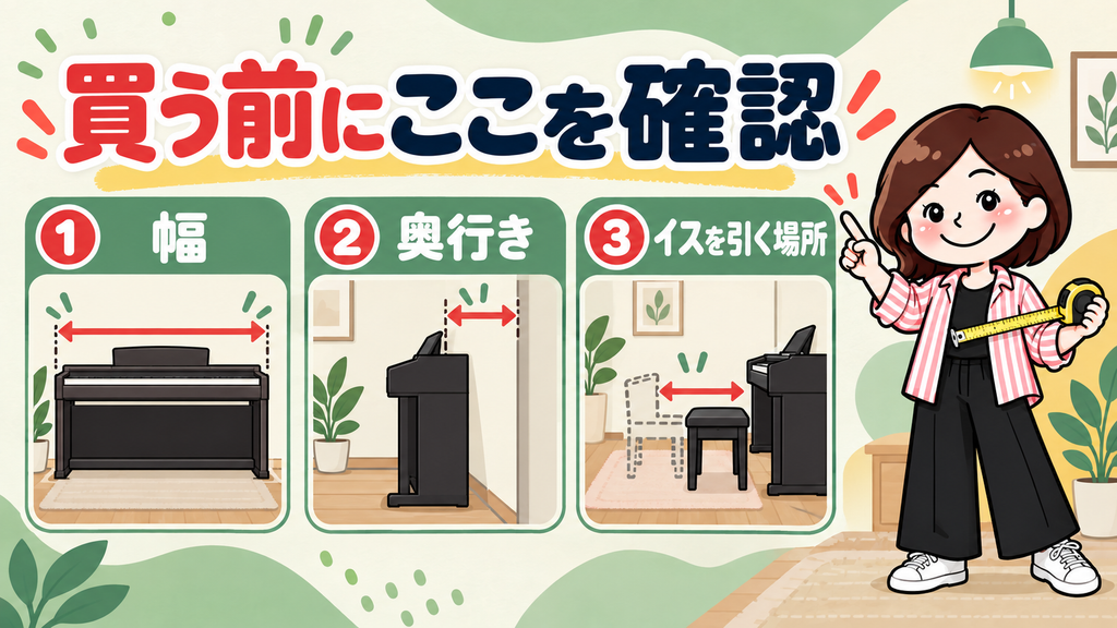 電子ピアノを買う前に測る幅・奥行き・イスを引く場所の図解